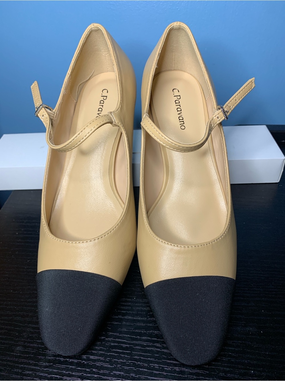 C. Paravano Jessica Two-Tone Mary Jane Block Heel Pump in Beige and Black